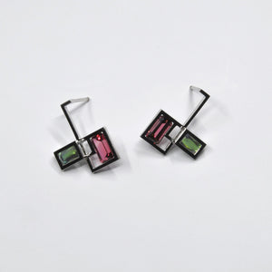 EQUATION EARRINGS, pink and green tourmalines in 18 carat white gold