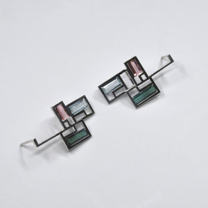 FUSION EARRINGS, pink and green tourmalines, aquamarines on 18-carat white gold