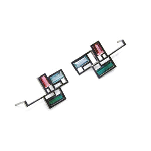 BOUCLES D'OREILLES FUSION, tourmalines rose et vertes, aigues marines, or blanc 18 ct