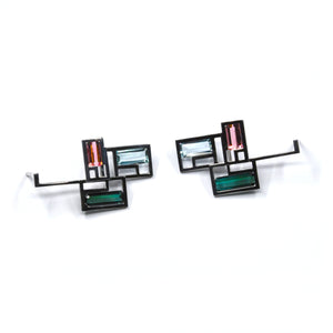 BOUCLES D'OREILLES FUSION, tourmalines rose et vertes, aigues marines, or blanc 18 ct