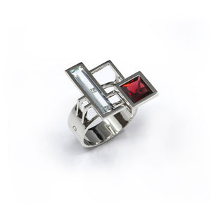 BAGUE EQUATION H, grenat rhodolite et aigue-marine sur or blanc 18 carats