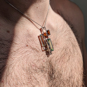 FUSION SPRING PENDANT, peridot, aquamarine, hessonite garnet in 18k white gold