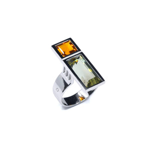 GREEN LINE RING, Water green tourmaline and citrine on 18 carat white gold