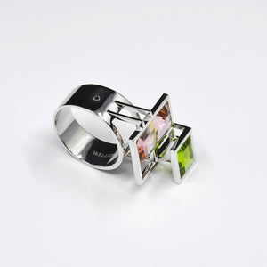 EQUATION PASTEL RING, pink tourmaline and peridot in 18 K white gold
