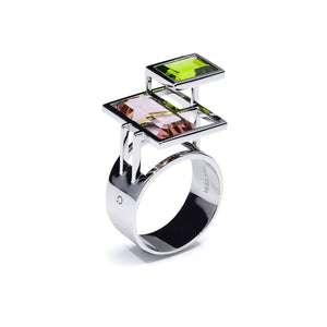EQUATION PASTEL RING, pink tourmaline and peridot in 18 K white gold