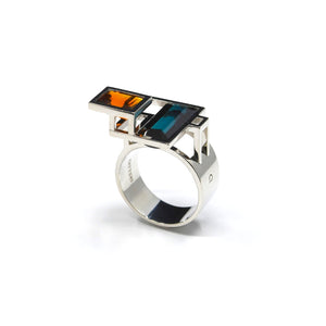 BAGUE EQUATION, tourmaline indigolite et grenat spessartite sur or blanc 18 carats
