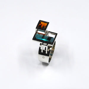 BAGUE EQUATION, tourmaline indigolite et grenat spessartite sur or blanc 18 carats