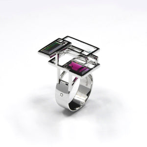 FUSION H2 RING, aquamarine, rhodolite garnet and tourmaline in 18 K white gold 