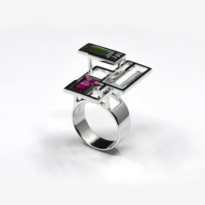FUSION H2 RING, aquamarine, rhodolite garnet and tourmaline in 18 K white gold 
